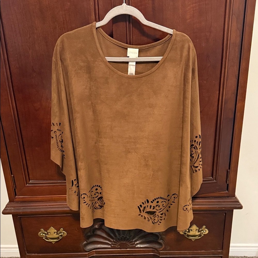 Chico’s Brown Tunic Top L XL Laser Cut Boho Flowy Blouse